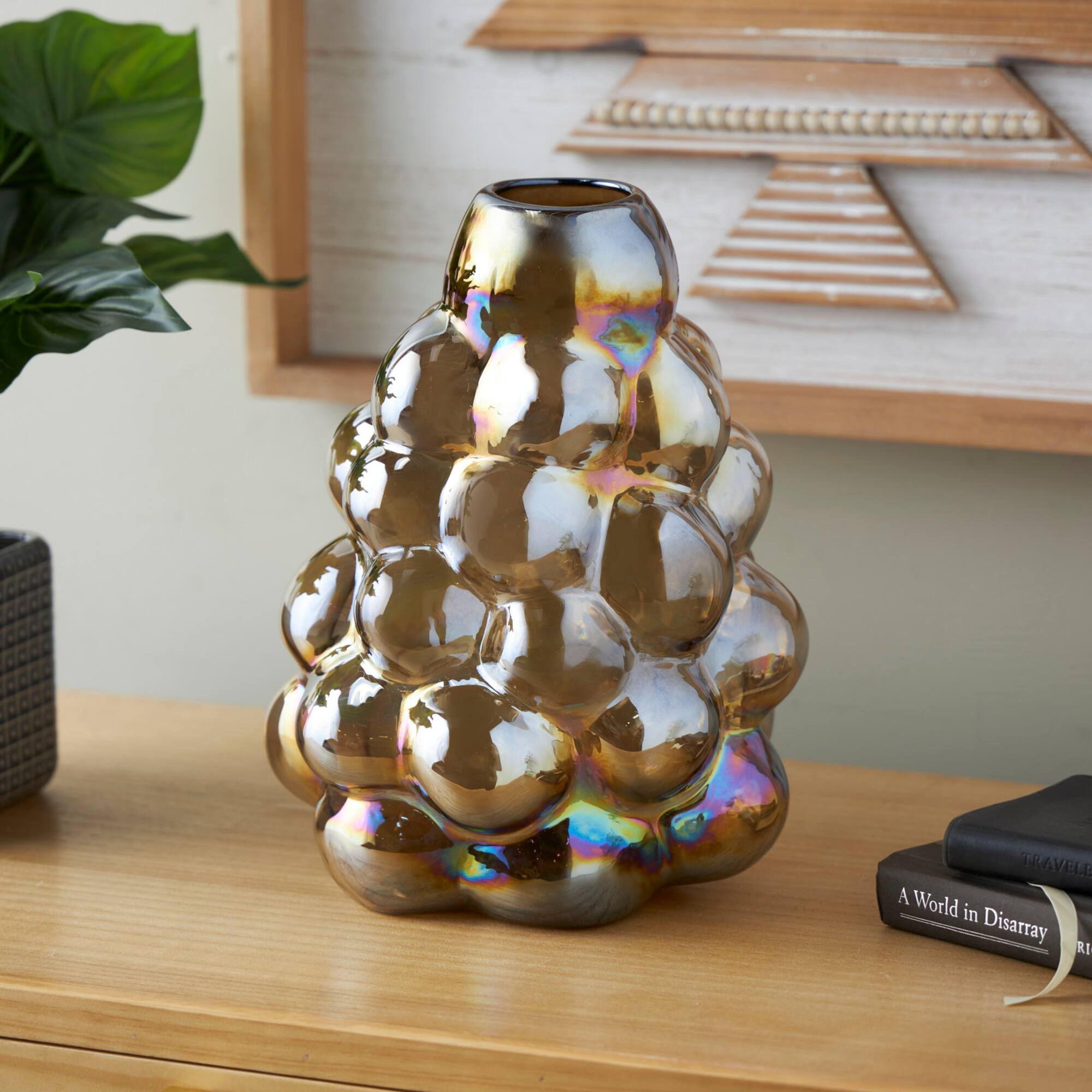 12" Iridescent Brown Abstract Handmade Bubble Glass Vase